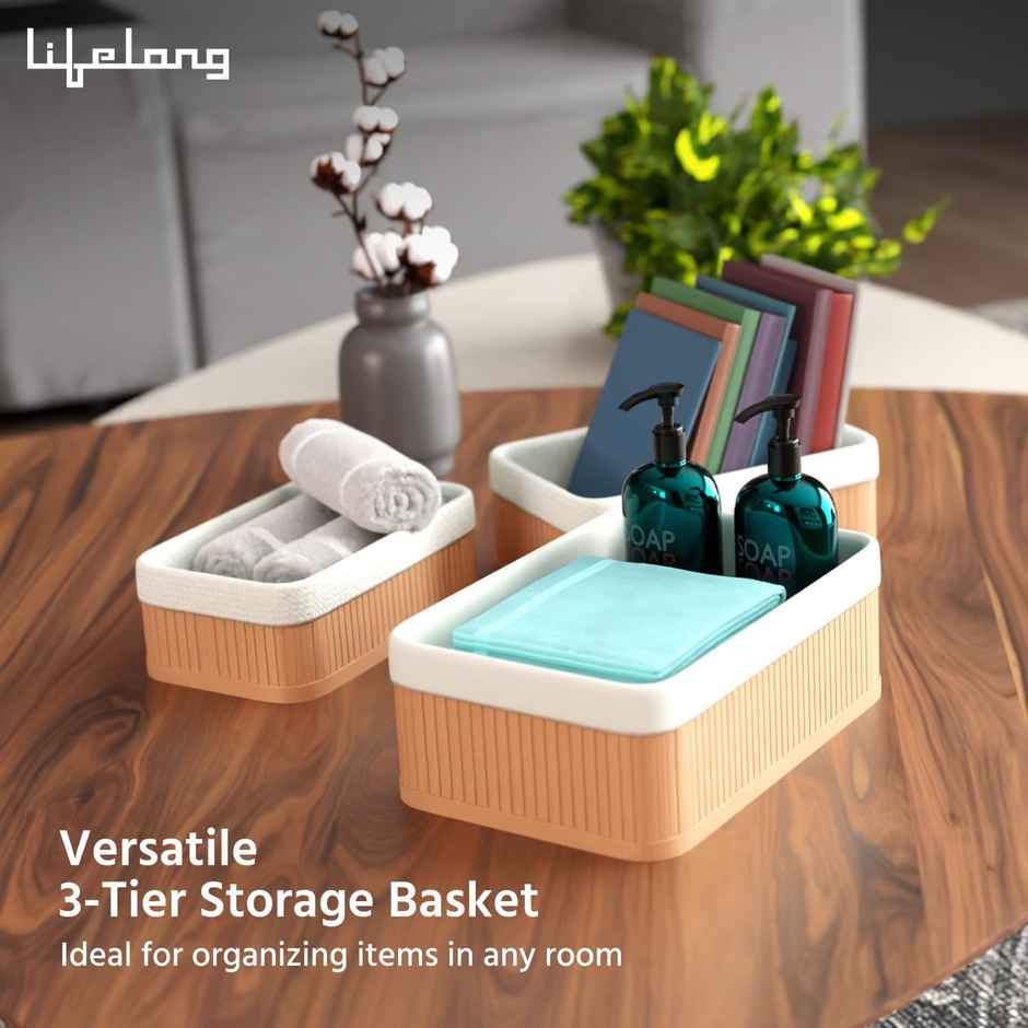 Lifelong Bathroom Organiser | 3-Basket Bamboo | Makeup Basket | Countertop | Water-Resistant Tray