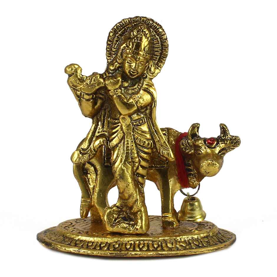 Ecraftindia Golden Metal Krishna Playing Flute With Cow Statue | Janmashtami Gift
