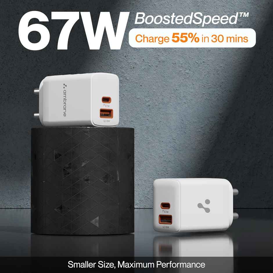 Ambrane 67W Dual Port Fast Charger for Laptop, Lenovo, HP, ASUS, Dell, MacBook & all Smartphones