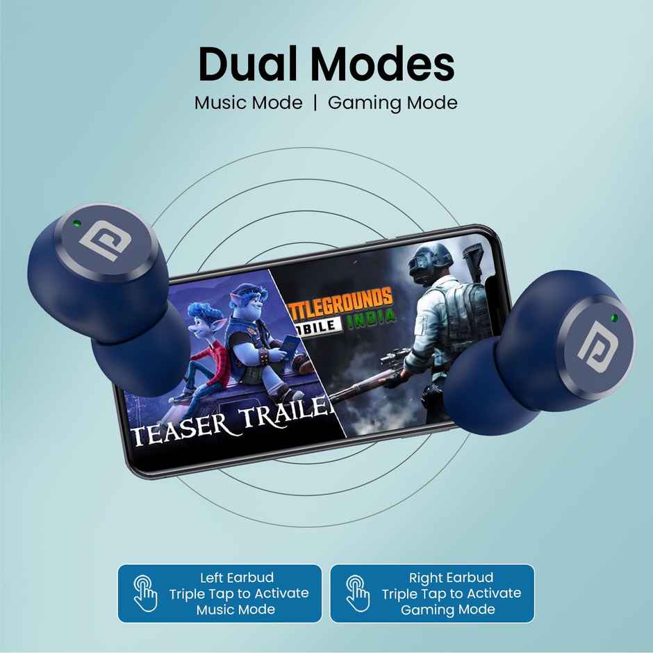 Portronics Harmonics Twins S13 in Ear TWS Earbuds with Mic, 24H Playtime, Game/Music Mode, Touch Control, 8mm Driver, Bluetooth 5.3v,IPX5 Water Resistance, Type C Fast Charging - Blue