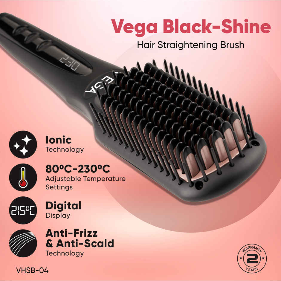 Vega Black Shine Hair Straightener Brush for Women, Straight in Min, (VHSB-04)
