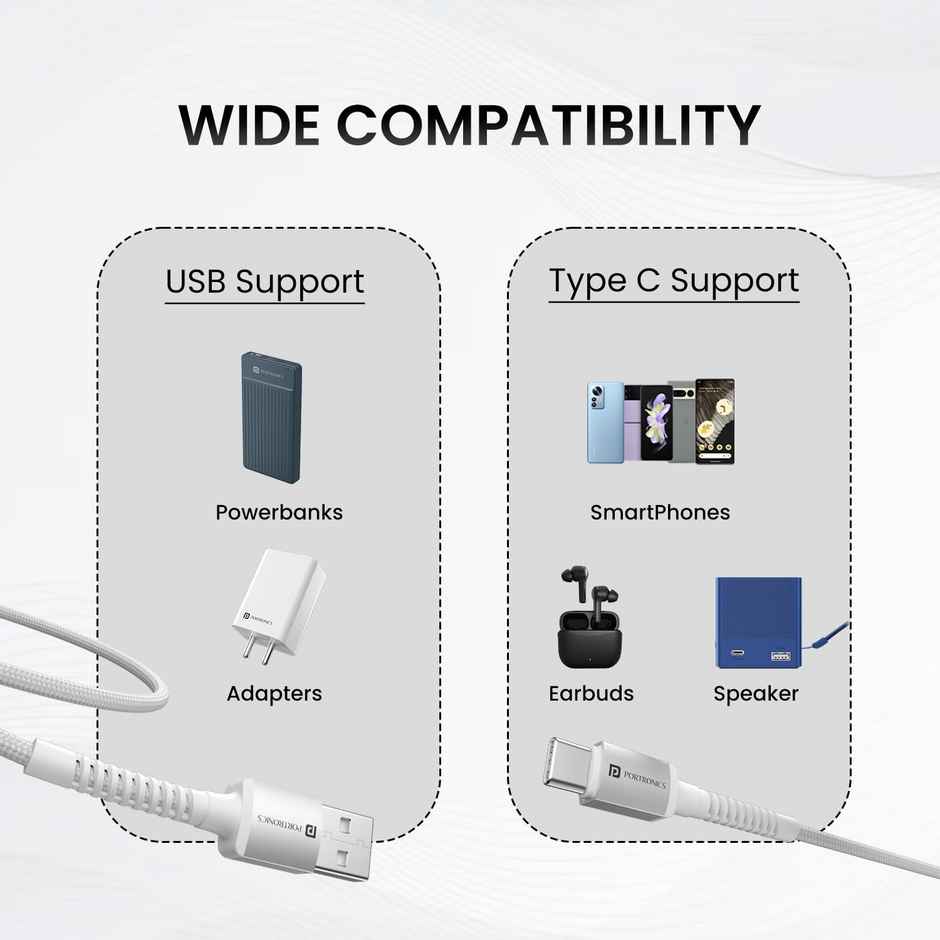 Portronics Konnect X USB to Type C 3A Nylon Braided Cable 2M | Fast Charging | All Devices | White