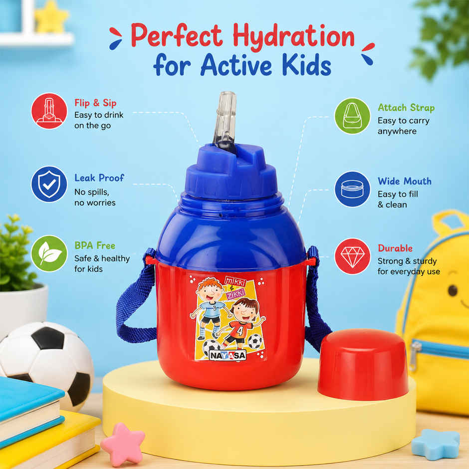 Nayasa Nippy Insulated Inner Plastic Sipper Kids Water Bottle | BPA Free | Red - 350 ml