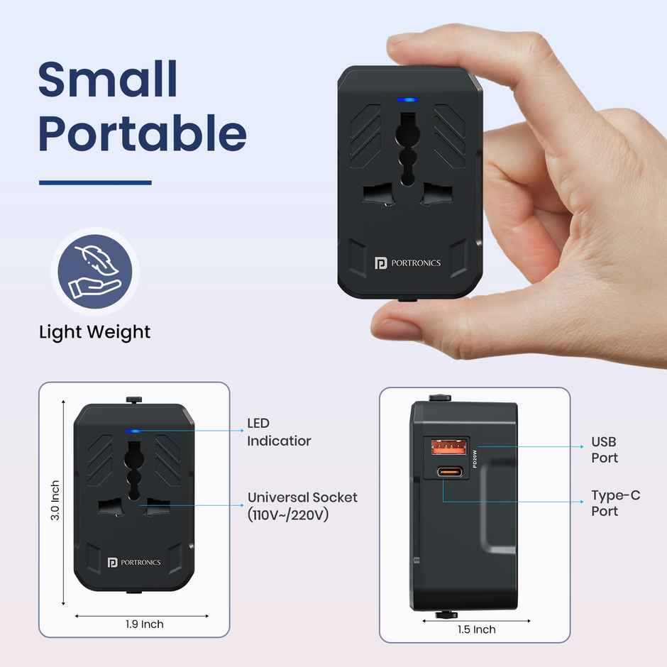 Portronics Juicemate 4 Universal Travel Adapter with 20W Type-C PD & 18W USB-A Output | Black