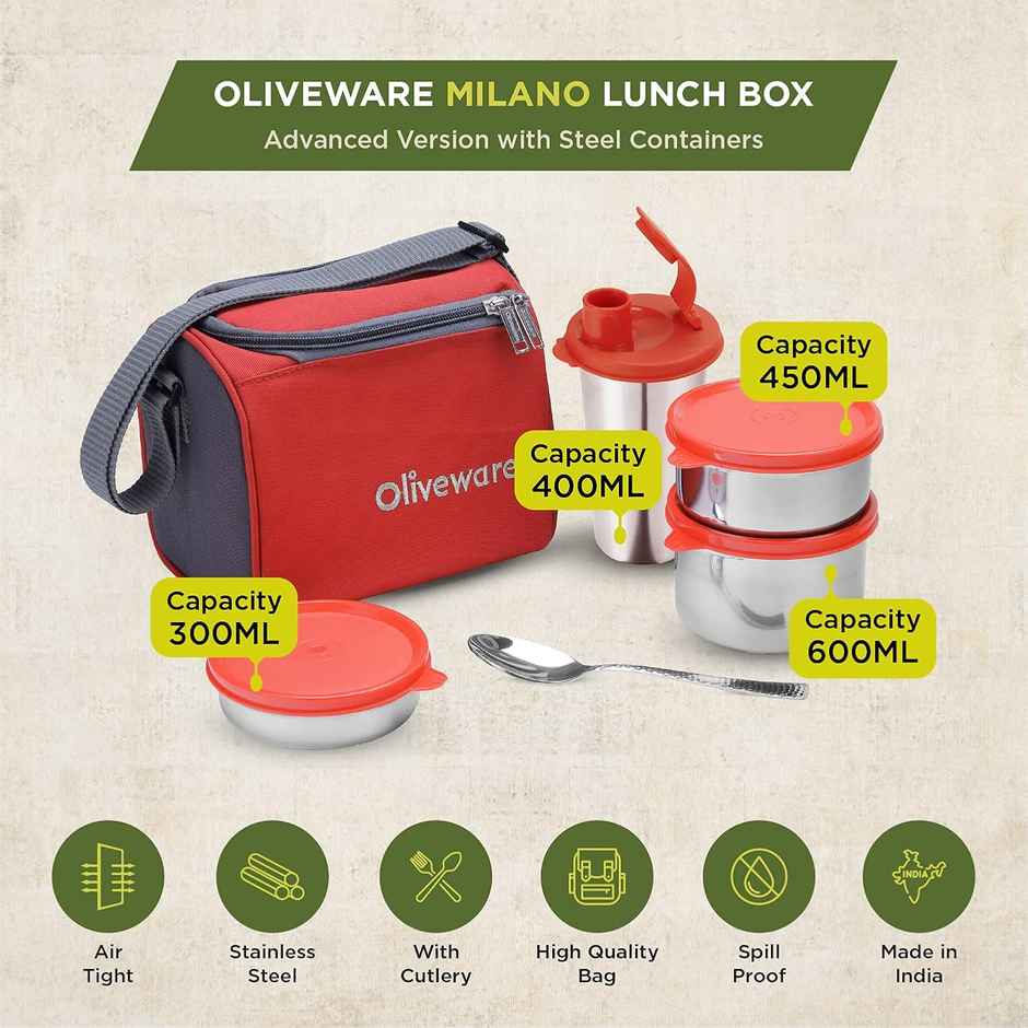 Oliveware Milano Lunch Box, 3 Stainless Steel Containers, Sipper and Steel Spoon - Red