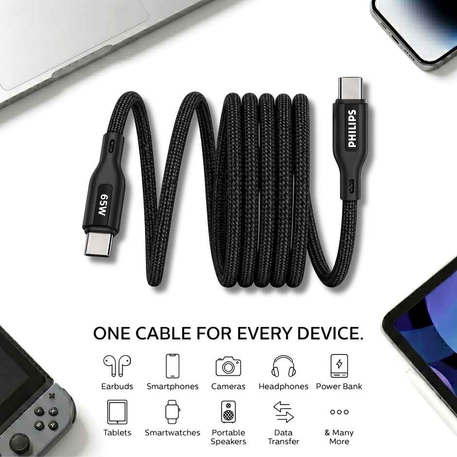 Philips DLC4130CB/94 65W USB Type-C to Type-C Fast Charging Cable | Nylon Braided | 1m