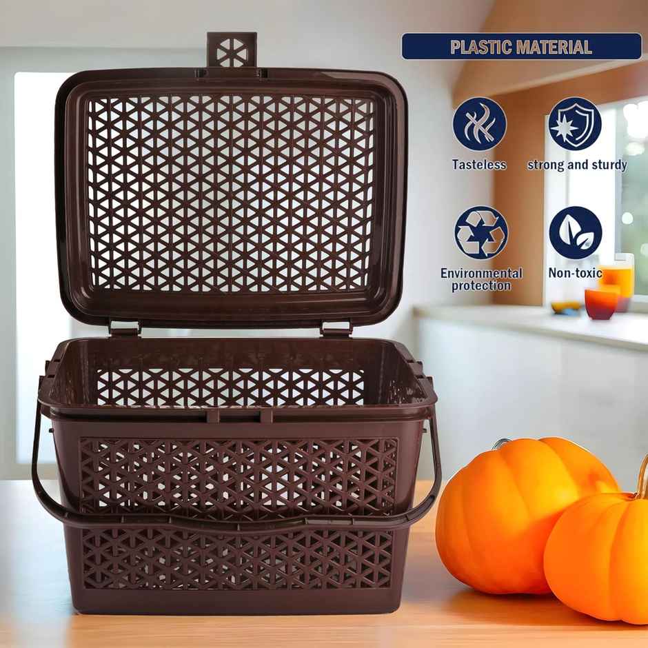 Kuber Industries Plastic Storage Basket with Handles & Lid 30x41x28 cm | Big Bin | Brown