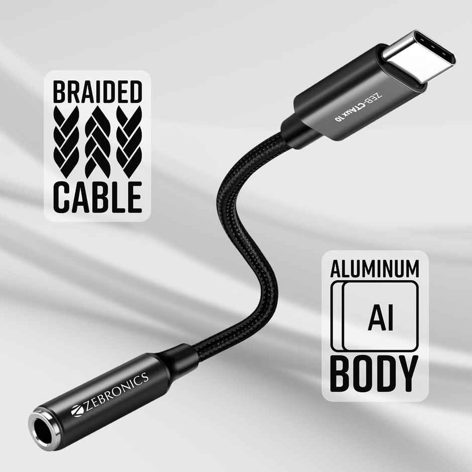 Zebronics CTAux10 Type C to 3.5mm Converter, Built-in DAC Chip, Supports Mic & Audio, Metal Body, Braided Cable, for iPhone 16 series, 15 series, Samsung, Android & Type C Smartphones, Tablets, Laptop - Black