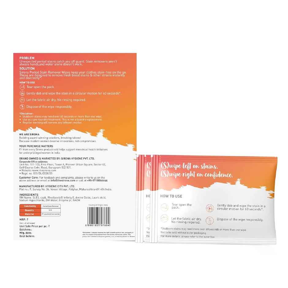 Sirona Period Stain Remover Wipes | Instant Stain Remover | Fabric Wipes for Fresh Blood Stains