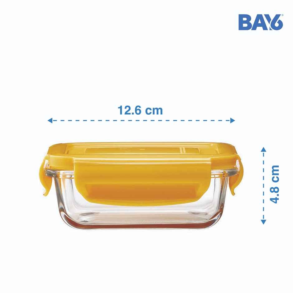 BAY6 Premium Imported Borosilicate Glass Container with Lid 180 ml - Rectangle - Yellow