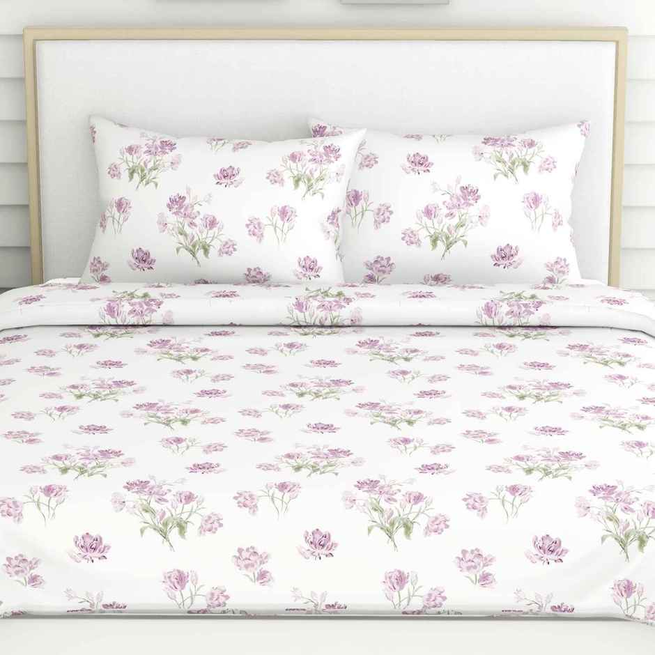 Haus & Kinder Lilac Dream Double 100% Cotton Floral Bedsheet | White and Purple | 98 x 89 in