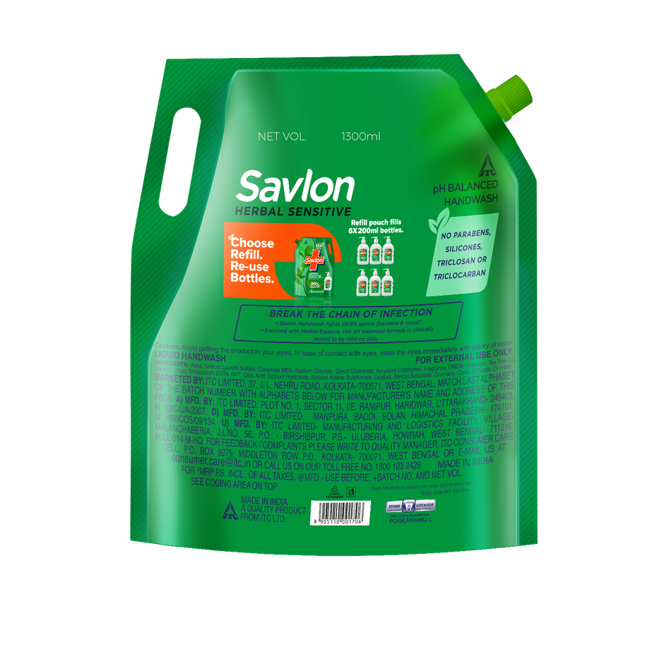 Savlon Herbal Sensitive Handwash Refill Pack 1.3L| Care for sensitive hands|Value Pack