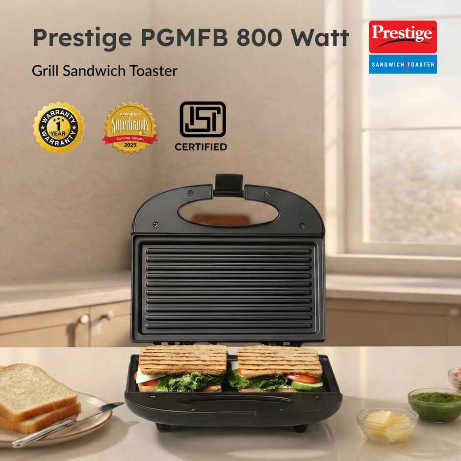 Prestige PGMFB 800W Grill Sandwich Toaster, Non-Stick Grill Plates, Black, 1Y Warranty,ISI Certified