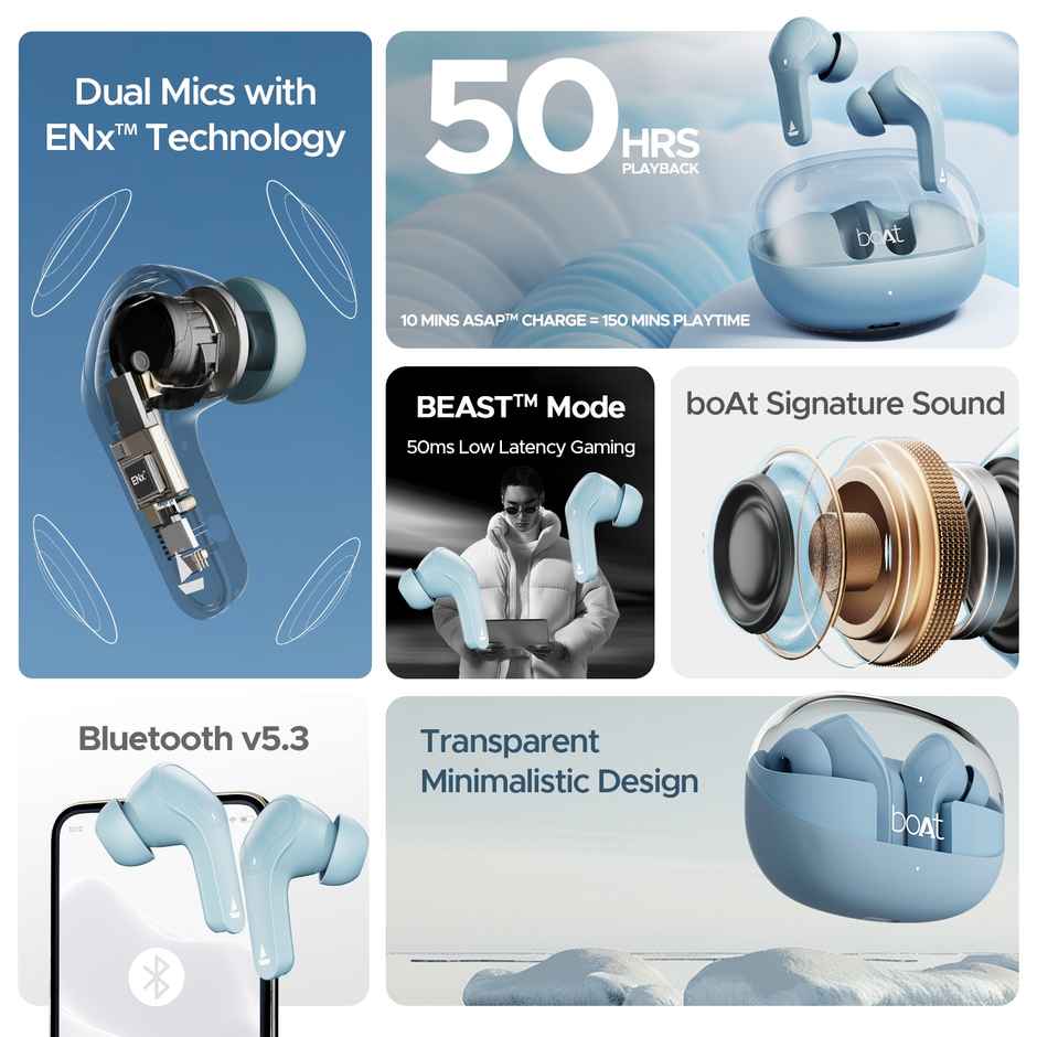 boAt Airdopes 311 Pro TWS Earbuds with mic, 50HRS Battery, Fast Charge, Dual Mics ENx Tech, Transparent LID, Low Latency, IPX4, IWP Tech, v5.3 Bluetooth Earbuds - Dusk Blue