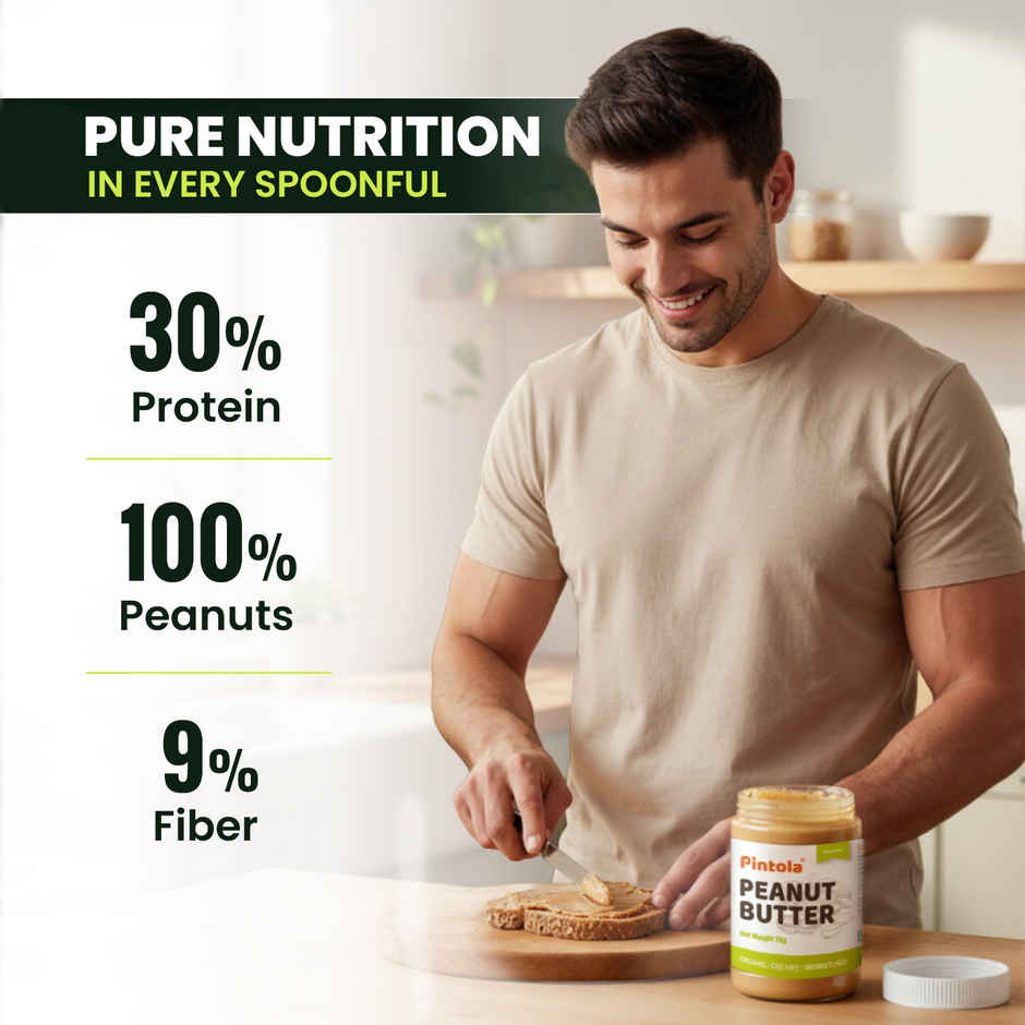 Pintola Organic Unsweetened Peanut Butter Creamy - High Protein 30G & 9G Dietary Fiber