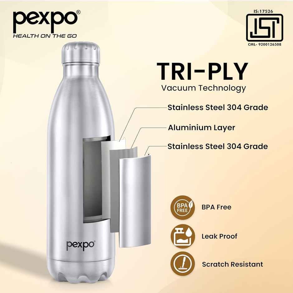 Pexpo Stainless Steel Electro 24 Hrs Hot & Cold ISI Certified Flask Water Bottle | Silver | 1 L