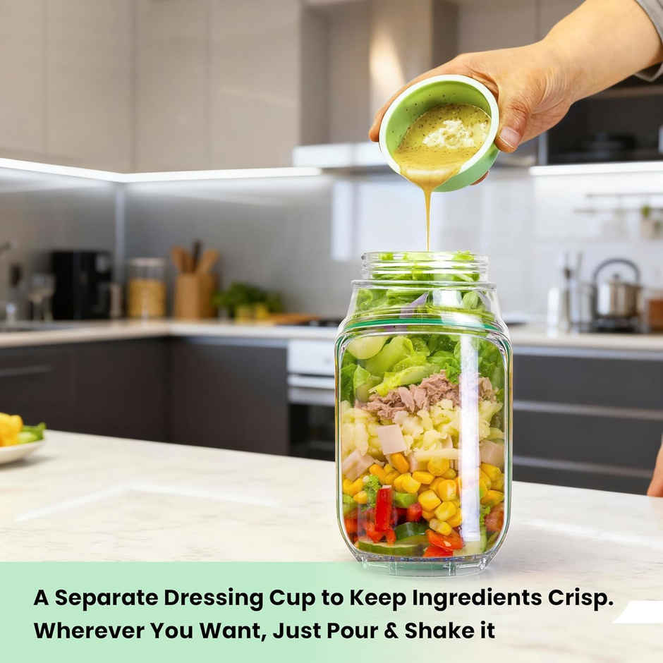 Travel Friendly Salad Jar with Fork Vertical Layering Food Container with Built In Bowl Design
