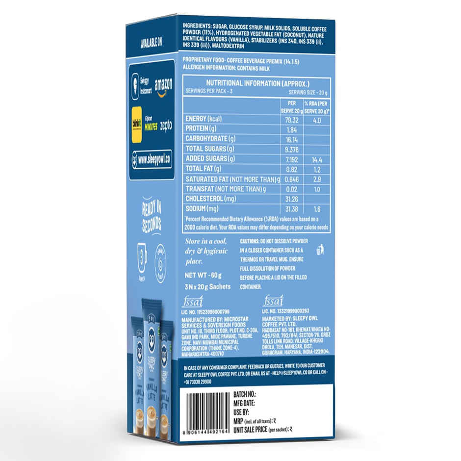 Sleepy Owl French Vanilla Latte Medium Roast Coffee Premix