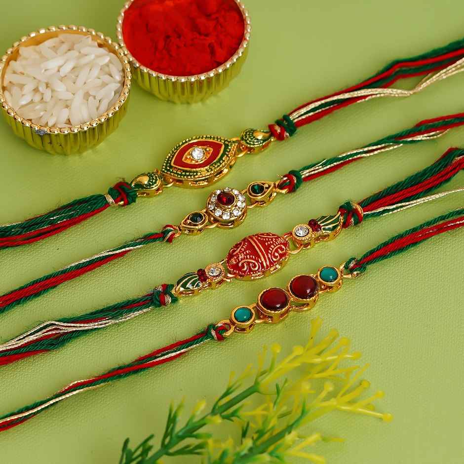 Kundan Multicolor Kundan Designer Rakhis & Roli Chawal Pack (eCraftIndia) Set of 4