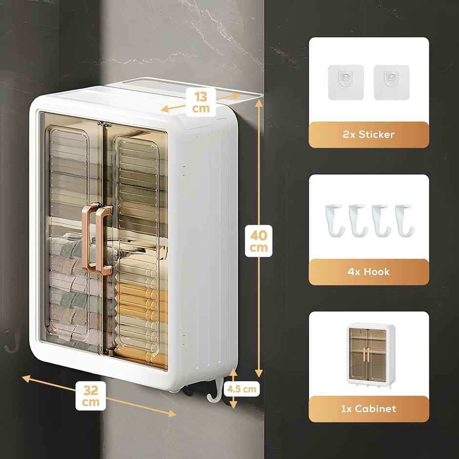 DALUCI Wall Mounted Self Adhesive Bathroom Storage Cabinet with Doors and Hooks | White