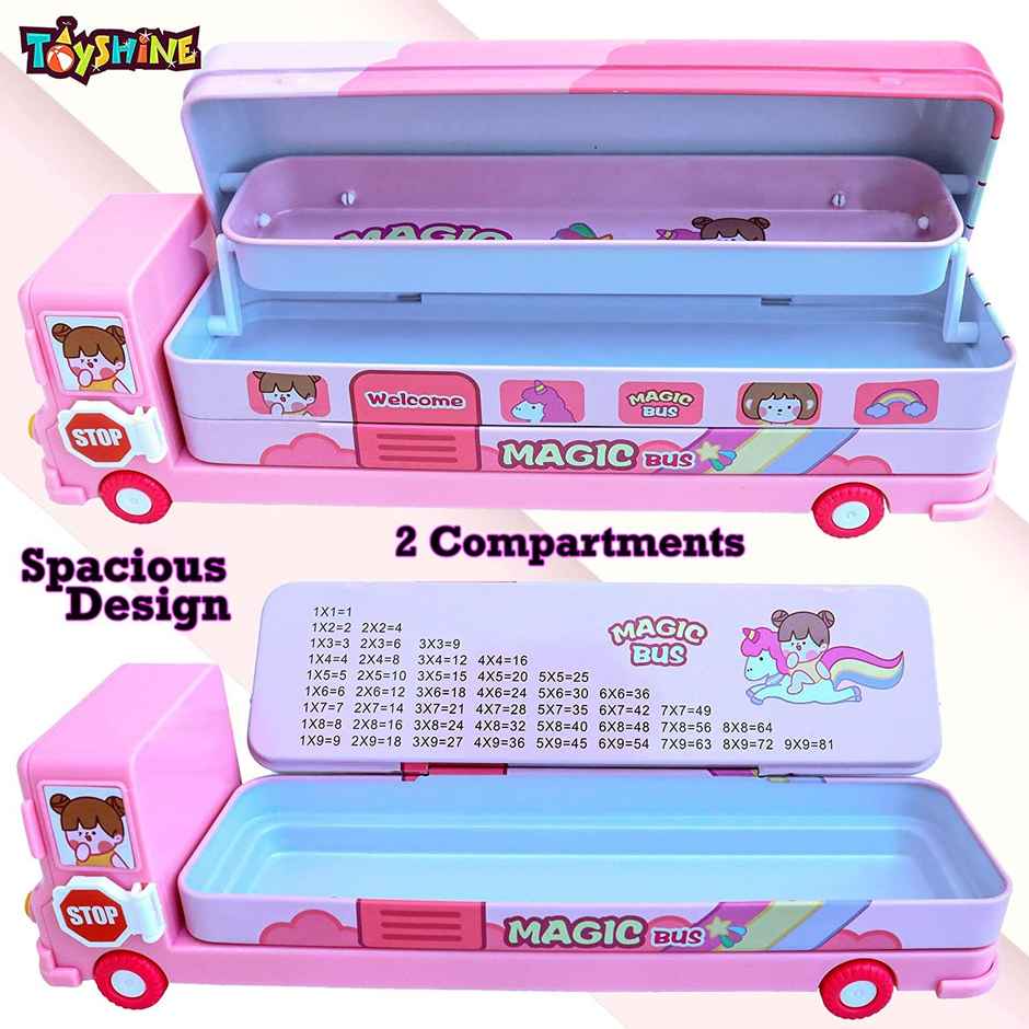 Toyshine Cartoon Printed School Bus Metal Pencil Box With Moving Tyres And Sharpener For Kids - Pink