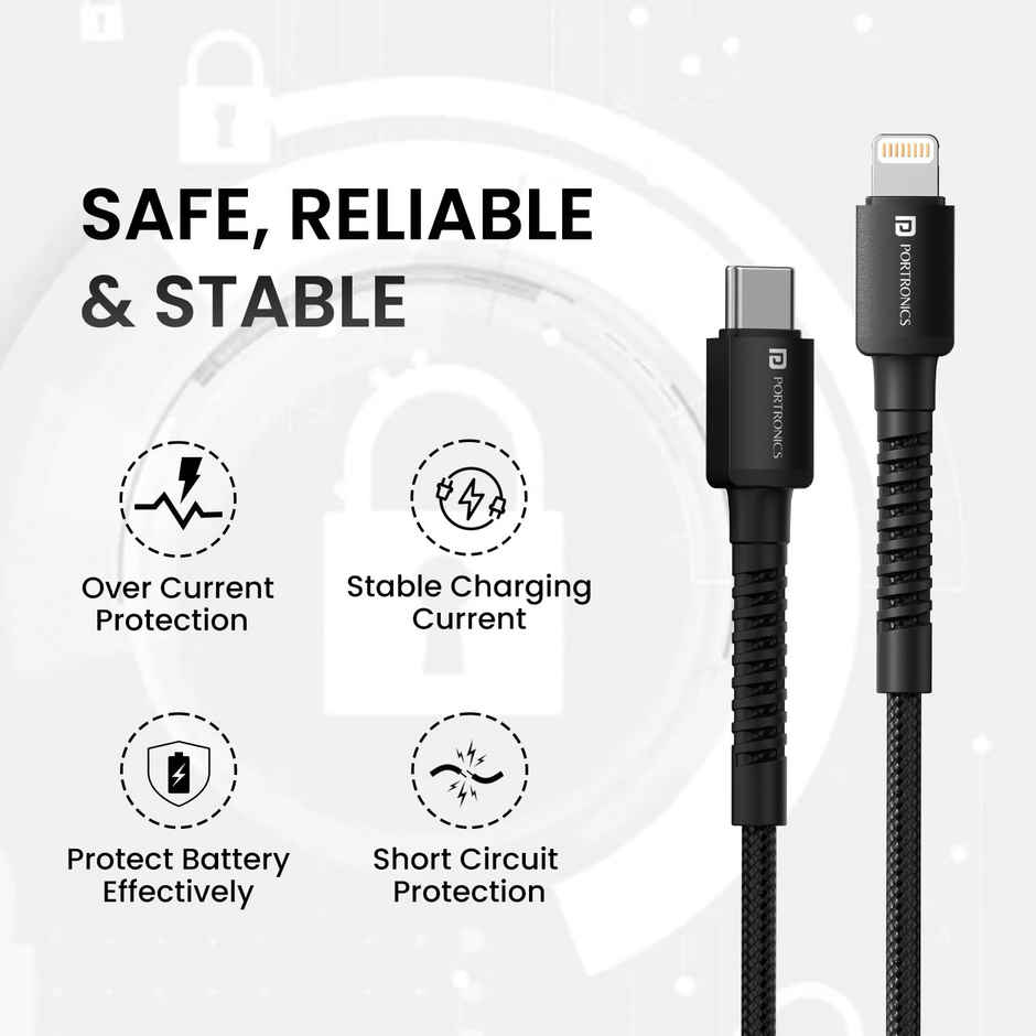 Portronics Konnect X Type C to 8-Pin 27W Fast Charging Cable | Black - 2 m
