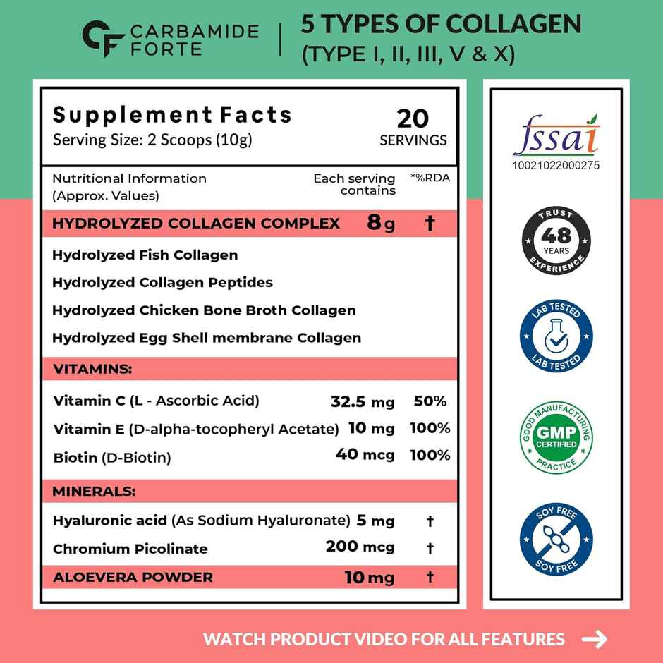 Carbamide Forte Hydrolyzed Multi Collagen Powder With Marine Collagen Watermelon Flavor