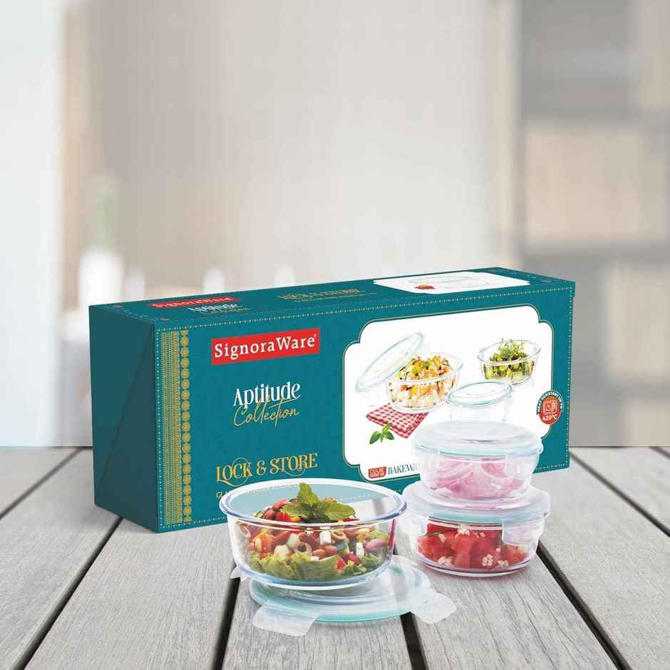 Signoraware Lock N Store Round Borosilicate Glass Container | 400 ml + 620 ml + 950 ml |Transparent