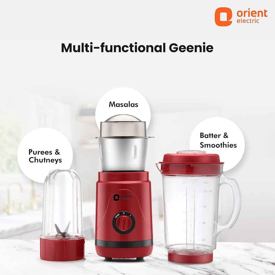 Orient Electric Compact Mixer Grinder Geenie - Mggn40Rb3 | 400W | 25000 Rpm | 3 Jars | Red