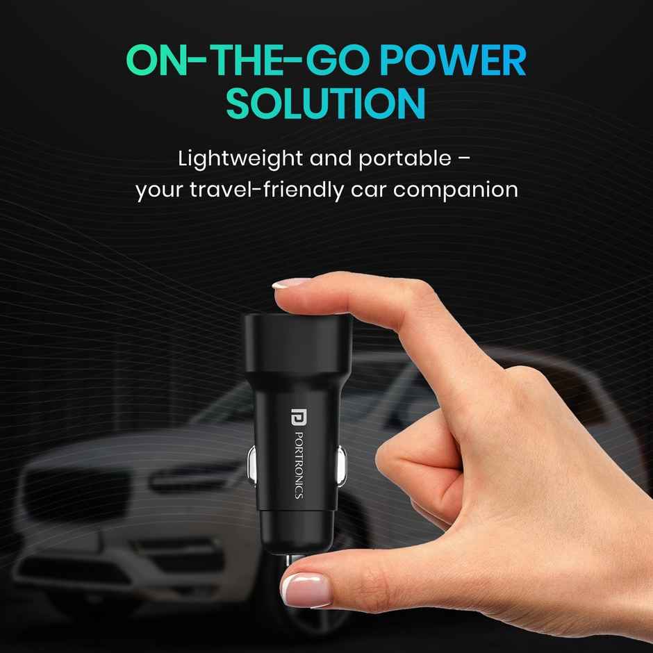 Portronics 80W Dual Output Fast Car Charger with Type-C PD & USB, LED Indicator, Power Bank (Black)