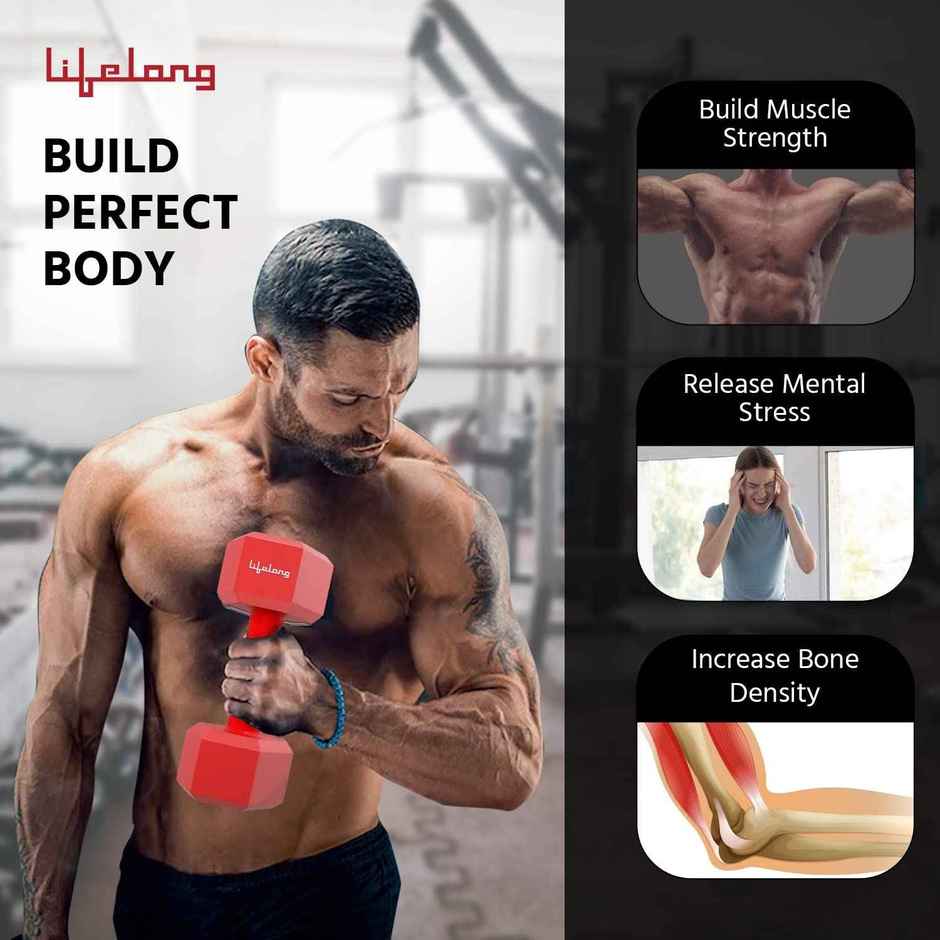 Lifelong PVC Hex Dumbbells for Workout | Red | 2 x 1 kg