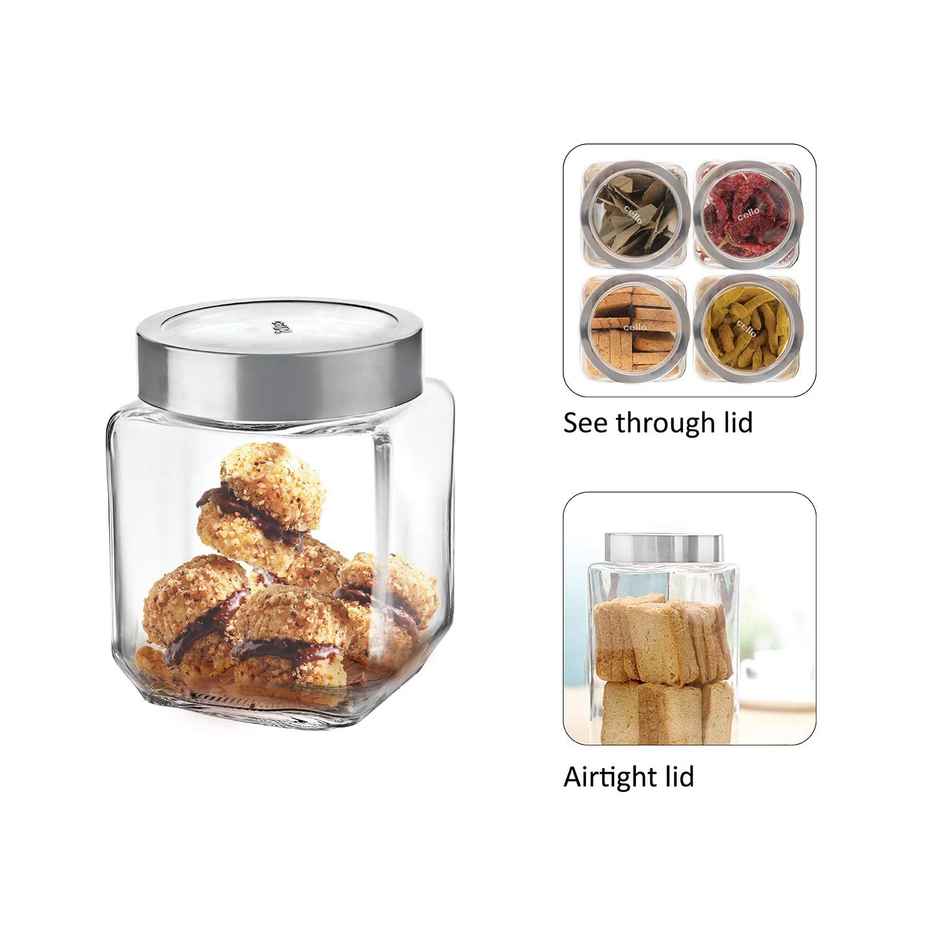 Cello Qube Fresh Glass Storage Jar Container With Air Tight Silver Metal Lid Multipurpose Jar Clear