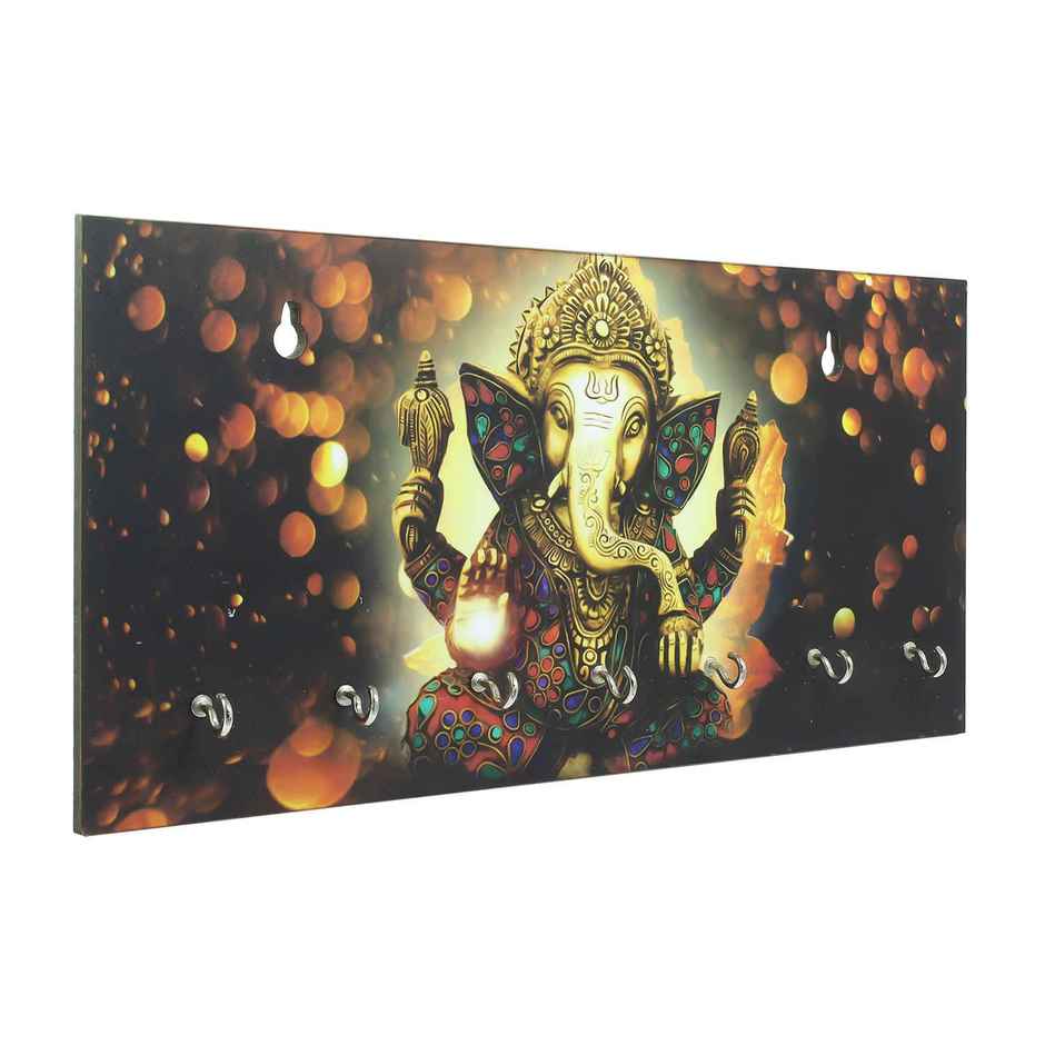 eCraftIndia Lord Ganesha Theme Wooden Key Holder With 7 Key Hooks For Wall