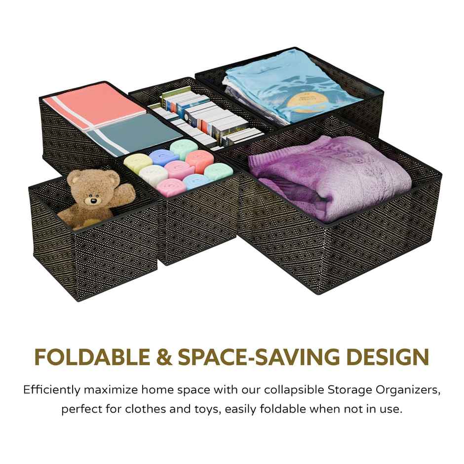 Kuber Industries 6 Piece Dot-Print Foldable Drawer Organizer For Clothes | Socks |Bra| Black