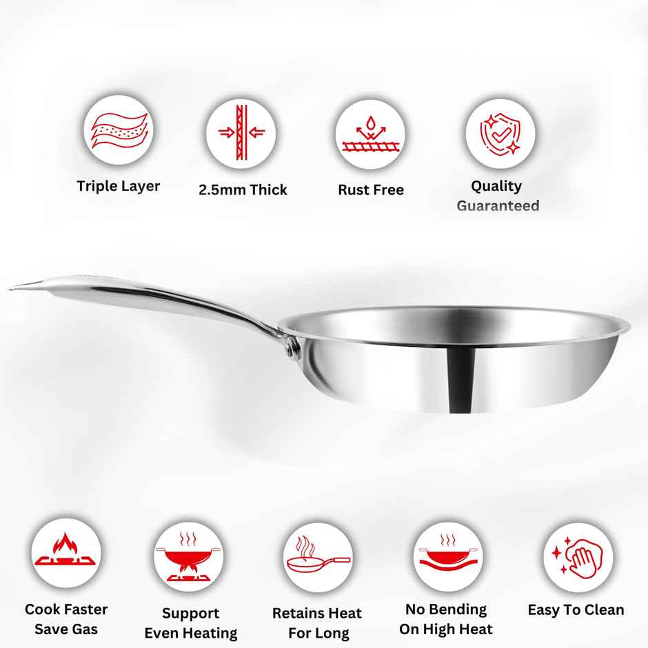 Vinod Platinum Triply Stainless Steel Fry Pan - 24 Cm (Induction Friendly)
