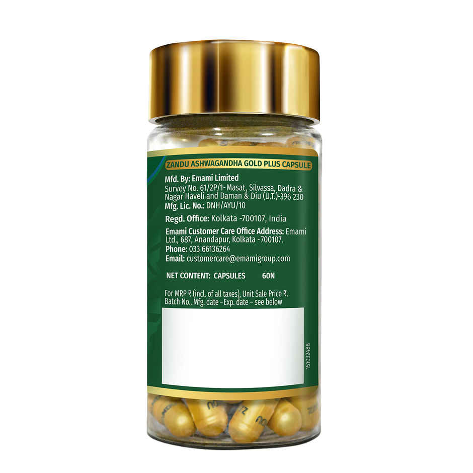 Zandu Ashwagandha Gold Plus | Reduces Stress & Cortisol, Improves Sleep and Muscle Recovery, 60Caps