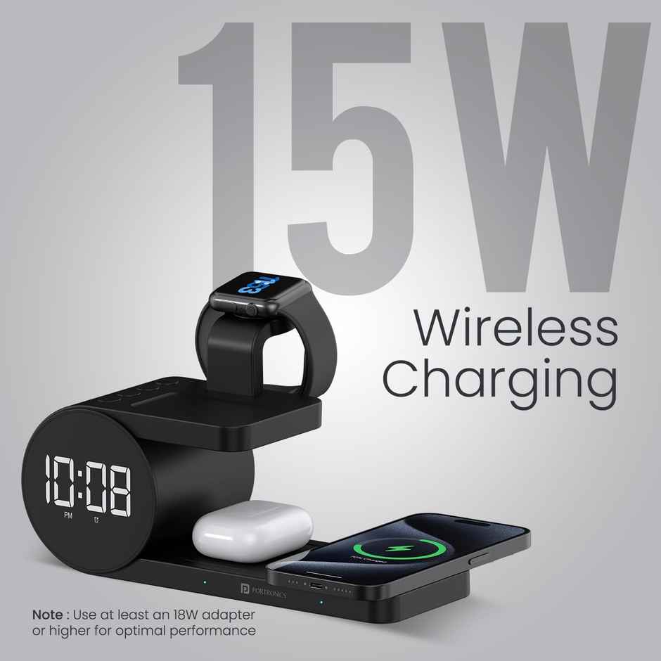 Portronics Freedom 6 15W Wireless Charger with 6-in-1 Function, Earbuds & Watch Wireless Charging, Digital Clock with Alarm, Compatible with iPhones/Samsung Smartphone Series