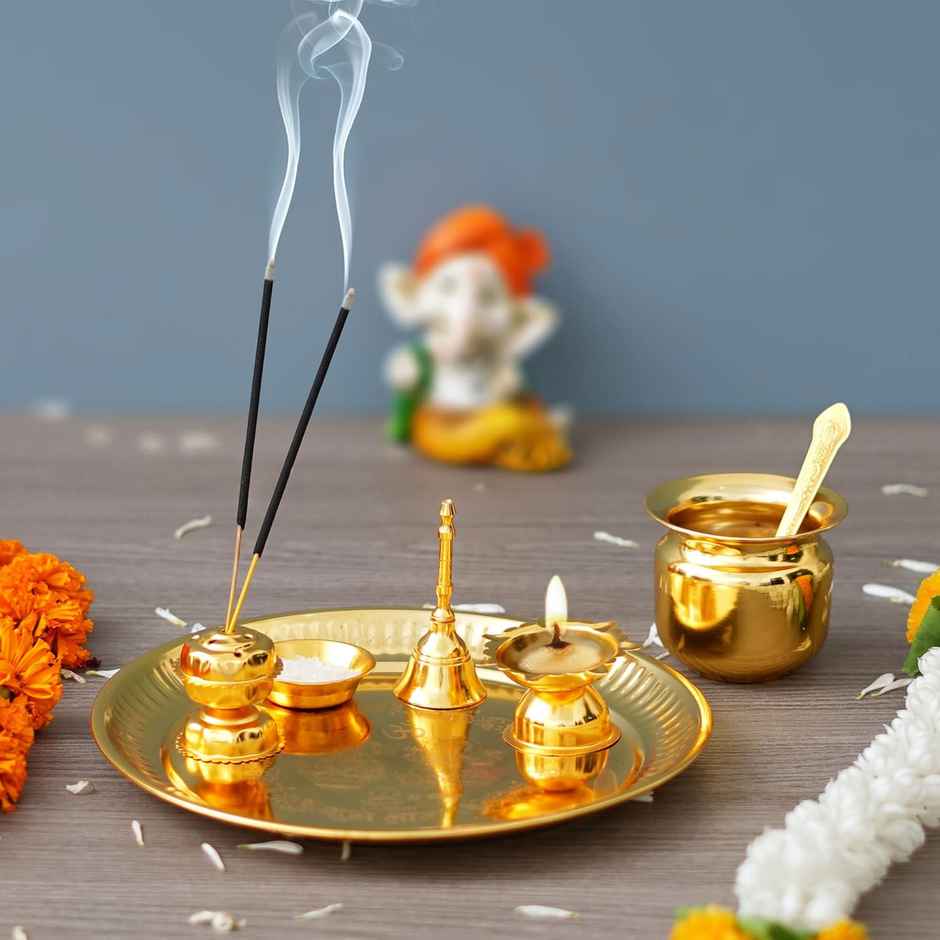Ecraftindia Handcrafted Decorative Golden Puja Thali