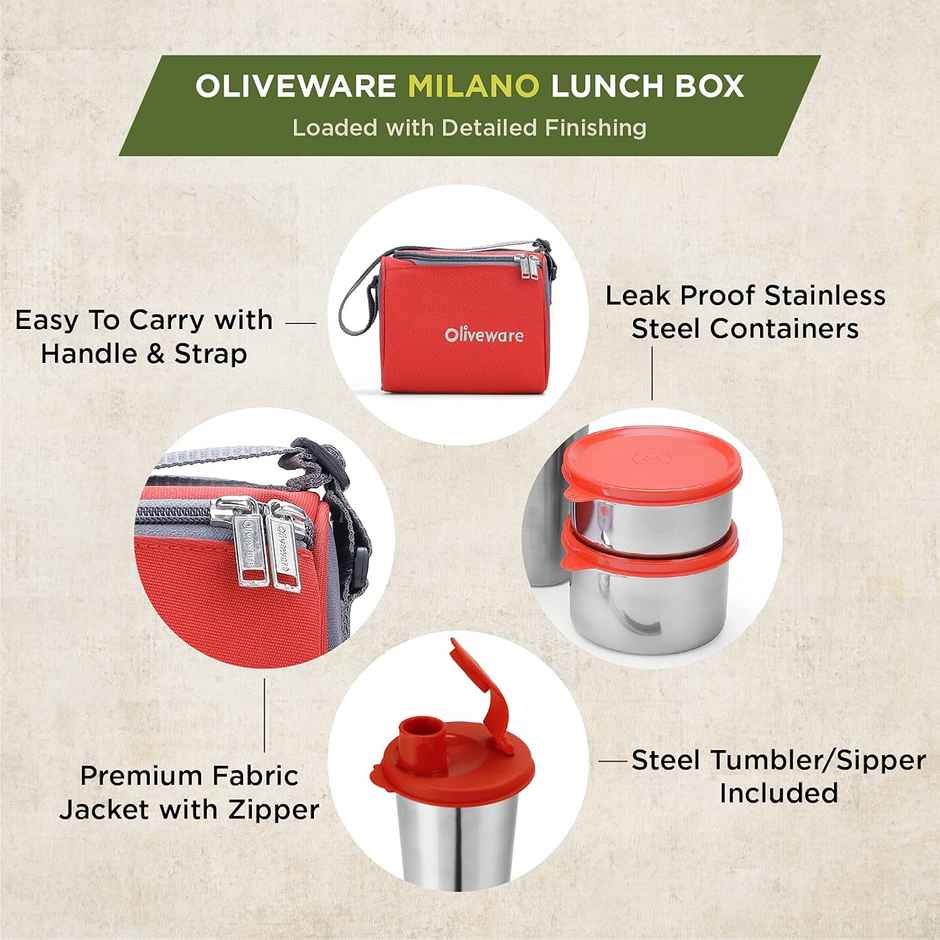 Oliveware Milano Lunch Box, 3 Stainless Steel Containers, Sipper and Steel Spoon - Red