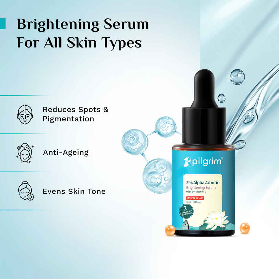 Pilgrim Brightening Skin Face Serum with 2% Alpha Arbutin & 3% Vitamin C for Pigmentation & Glow