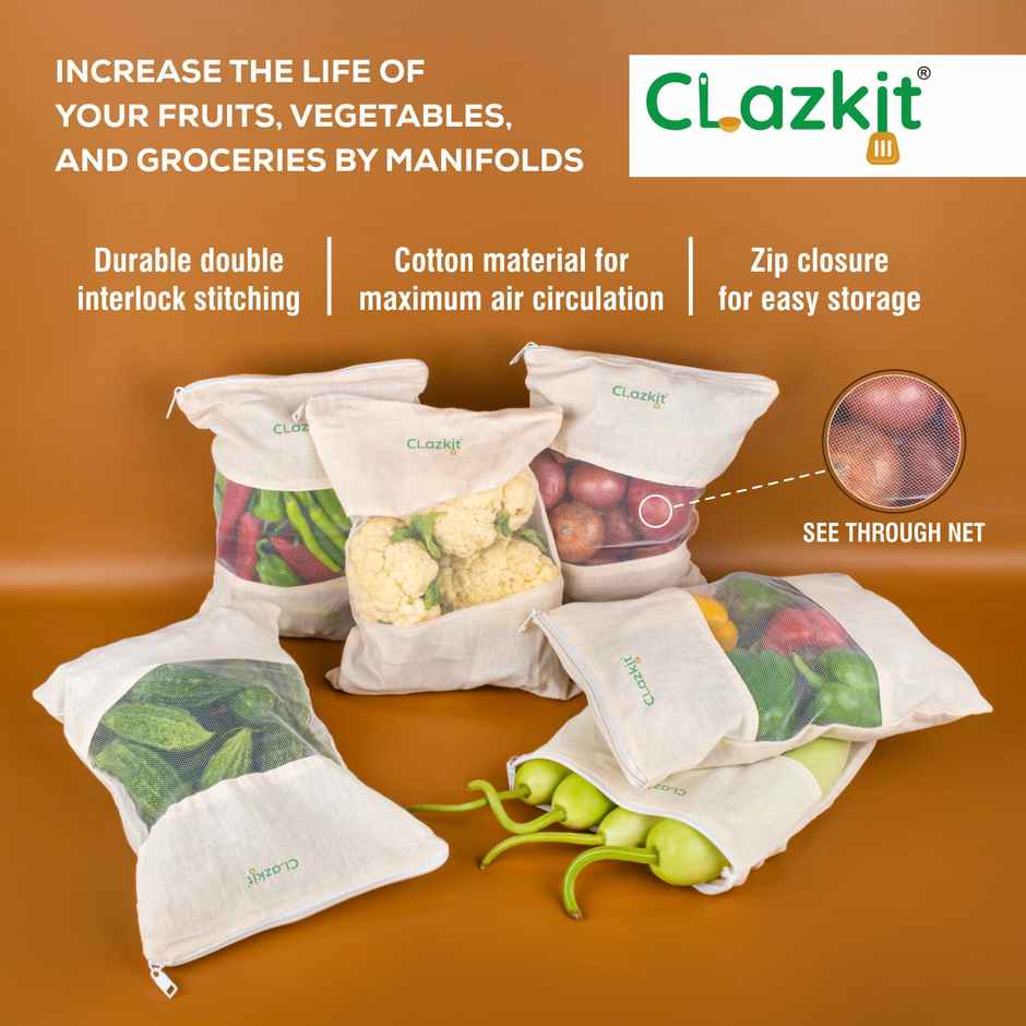 Clazkit Cotton Vegetable Bags Fridge Storage Bag | 10 x 14 Inch | PACK OF 6