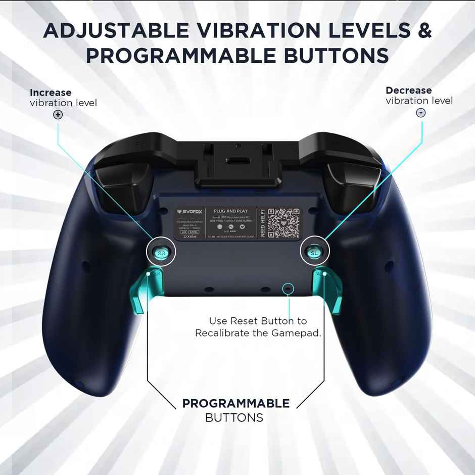 EvoFox Elite X Wireless Gaming Controller for PC with 2 Programmable Macro Back Buttons, Adjustable Dual Vibration Motors,Turbo Mode,Analog Triggers, High Precision joysticks,Low Latency Plug and Play,Free USB Extender,Translucent Shell Gamepad for pc - Blue