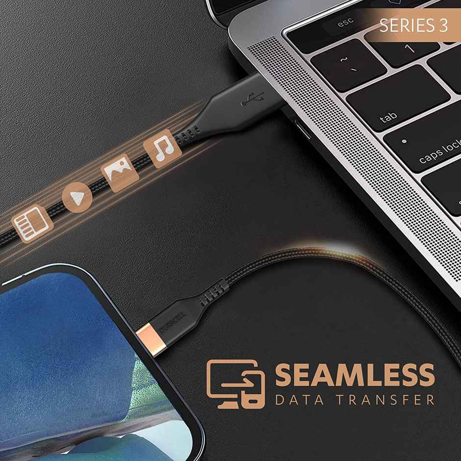 Duracell USB-A To Type C, 65W Braided Sync & Fast Charging Cable, 3.9 Feet (1.2M), QC 2.0/3.0 Ultra Fast Charging, For Samsung, Mi, Realme, OPPO, ONE PLUS, Seamless Data Transmission, Series 3 - Black