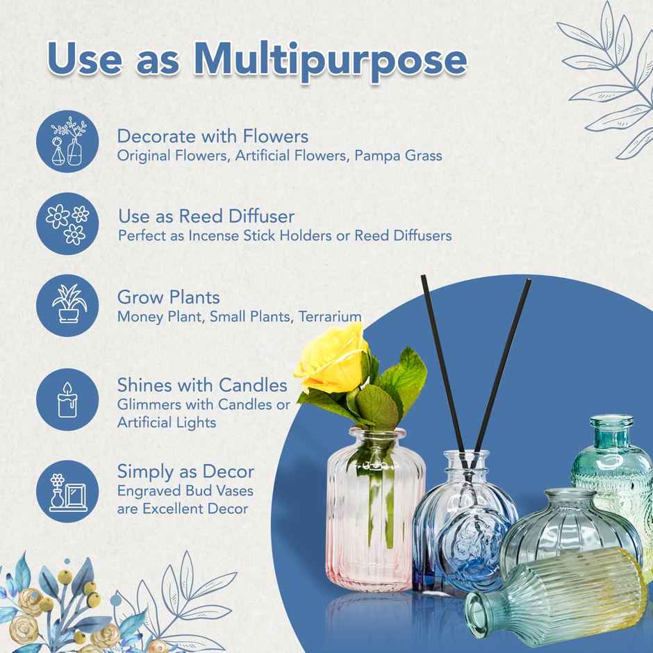 Ekhasa Crystal Blue Glass Bud Vases Flower Pots For Home Decoration | Set Of 5