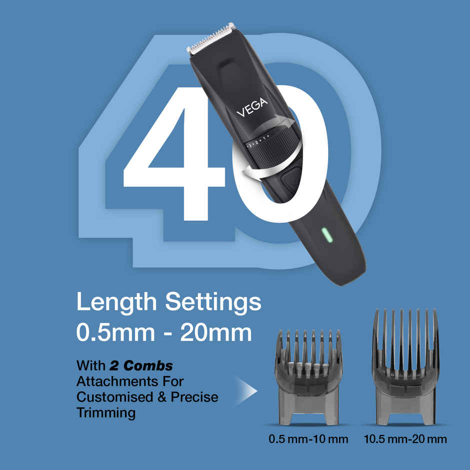 Vega Power Lite Beard Trimmer for Men with 90 mins Runtime, 2 Comb Attachment, USB Type C (VHTH-38)