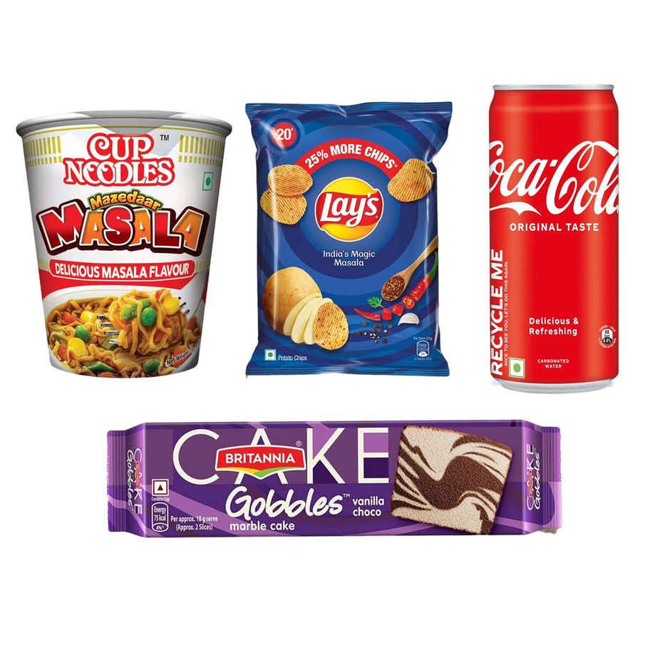Nissin Cup Mazedaar Masala (70g) & Lay'S India'S Magic Masala Potato Chips (48g) & Britannia Gobbles Marble Cake Choco Vanilla (110g) & Coca Cola Soft Drink Can (300ml) Combo