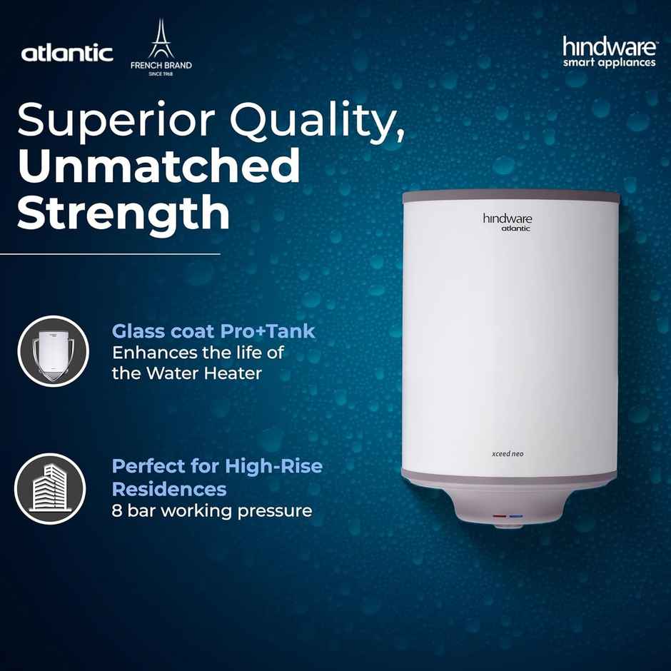 Hindware Smart Appliances Xceed Neo 10L, 2Kw, Glasslined Coated Tank, Storage Water Heater, White