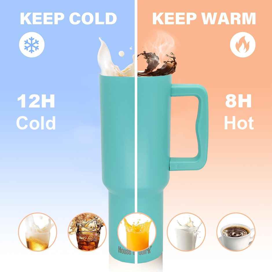 House of Quirk Stainless Steel Tumbler with Handle & Lid, 2 Straws | Terquise - 1200 ml