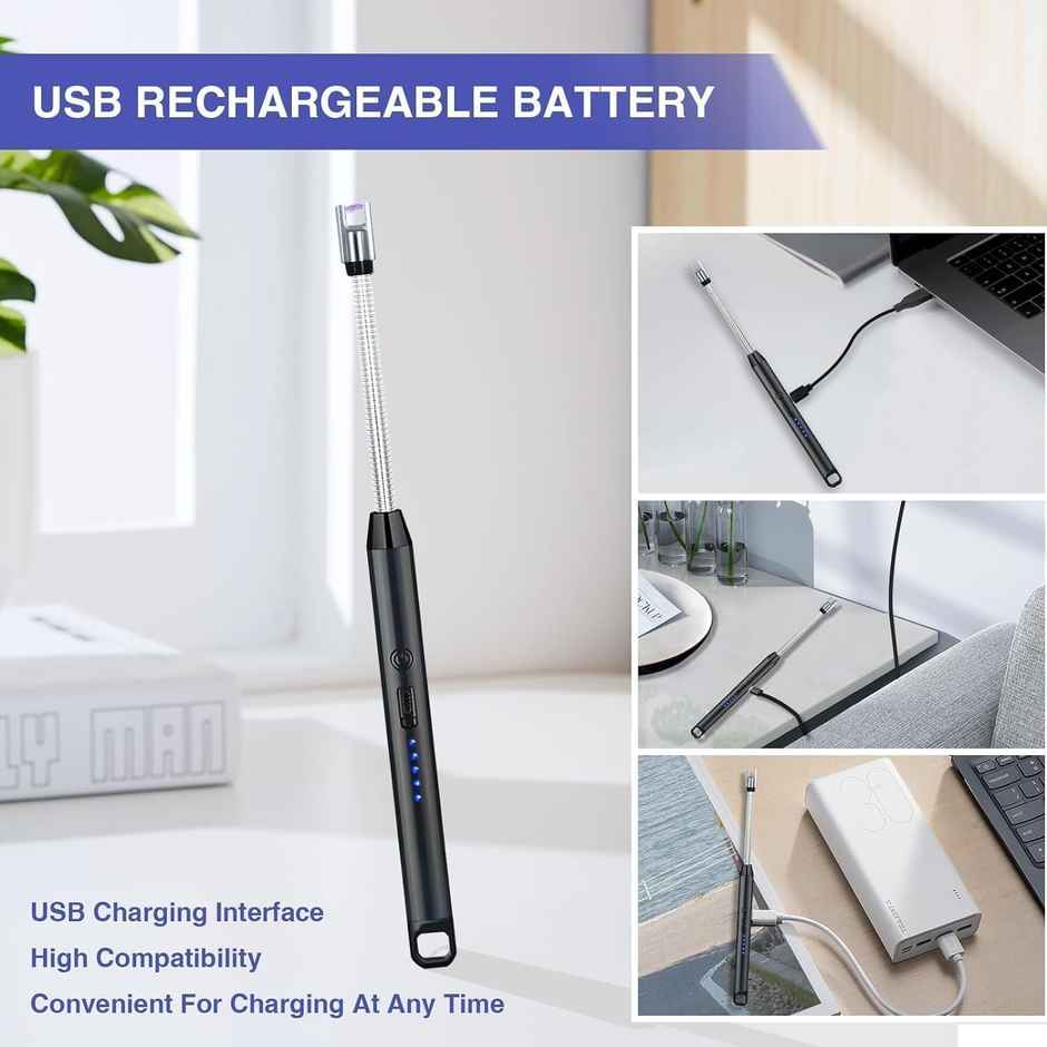 Perpetual USB Rechargeable Electric Lighter | Flexible Neck | Flameless Windproof Lighter | Black
