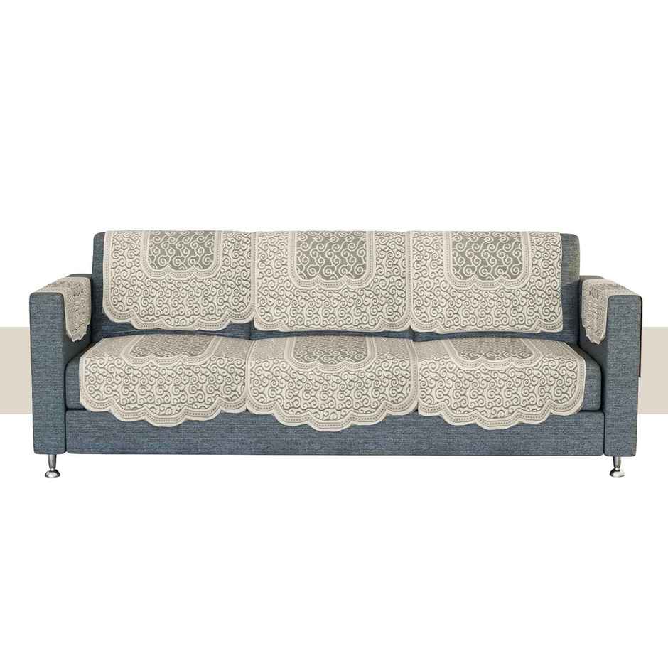 Kuber Industries Zig Zag Printed Net 5 Seater Sofa Cover with Arms Cover for Hall|Cream